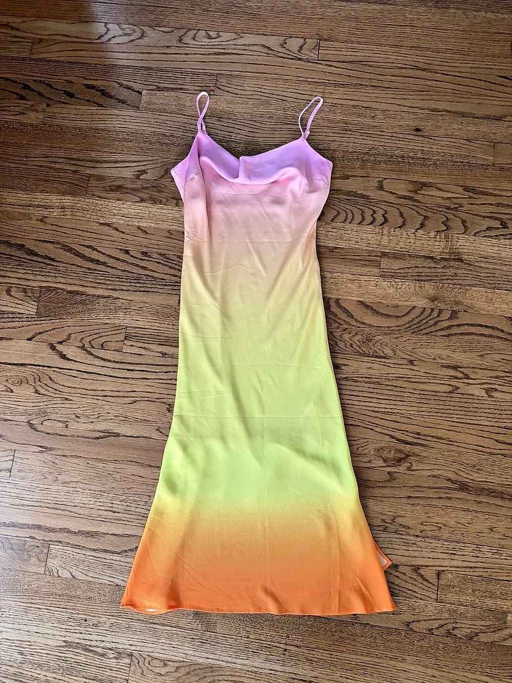 Express Rainbow Ombre Satin Bias Slip Dress Pink & Orange Small